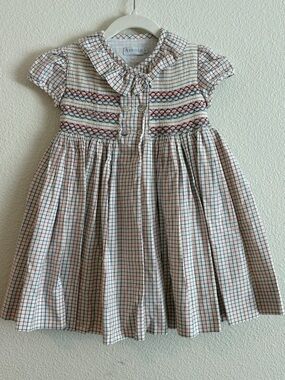 Amaia Kids White Plaid Smocked Dress with Red & Blue Detail Sz 4y
